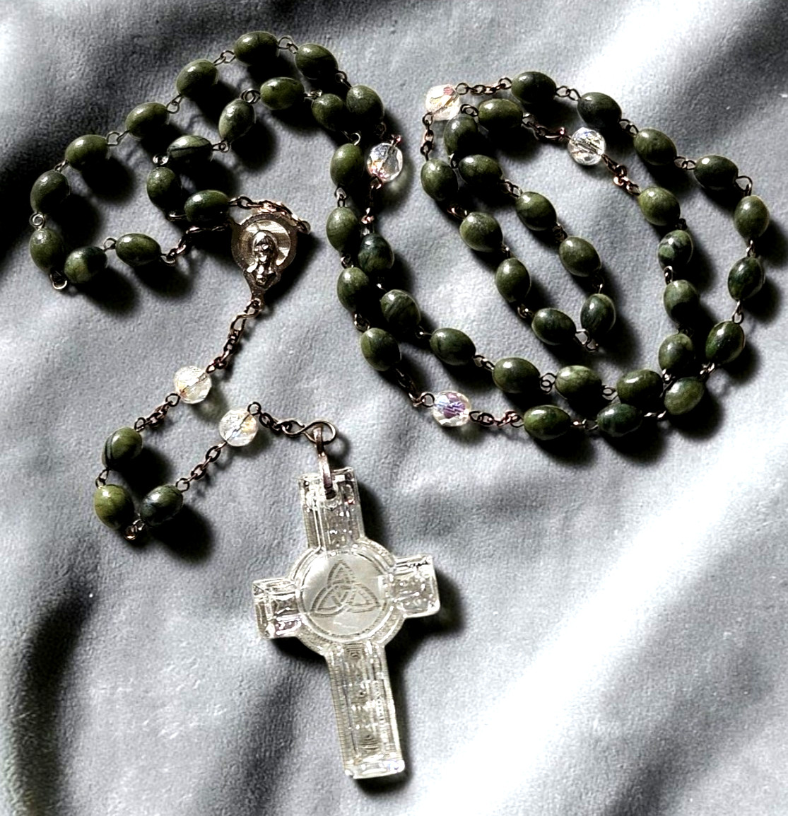 Waterford Crystal Celtic Cross & Green Connemara Marble Rosary Ireland