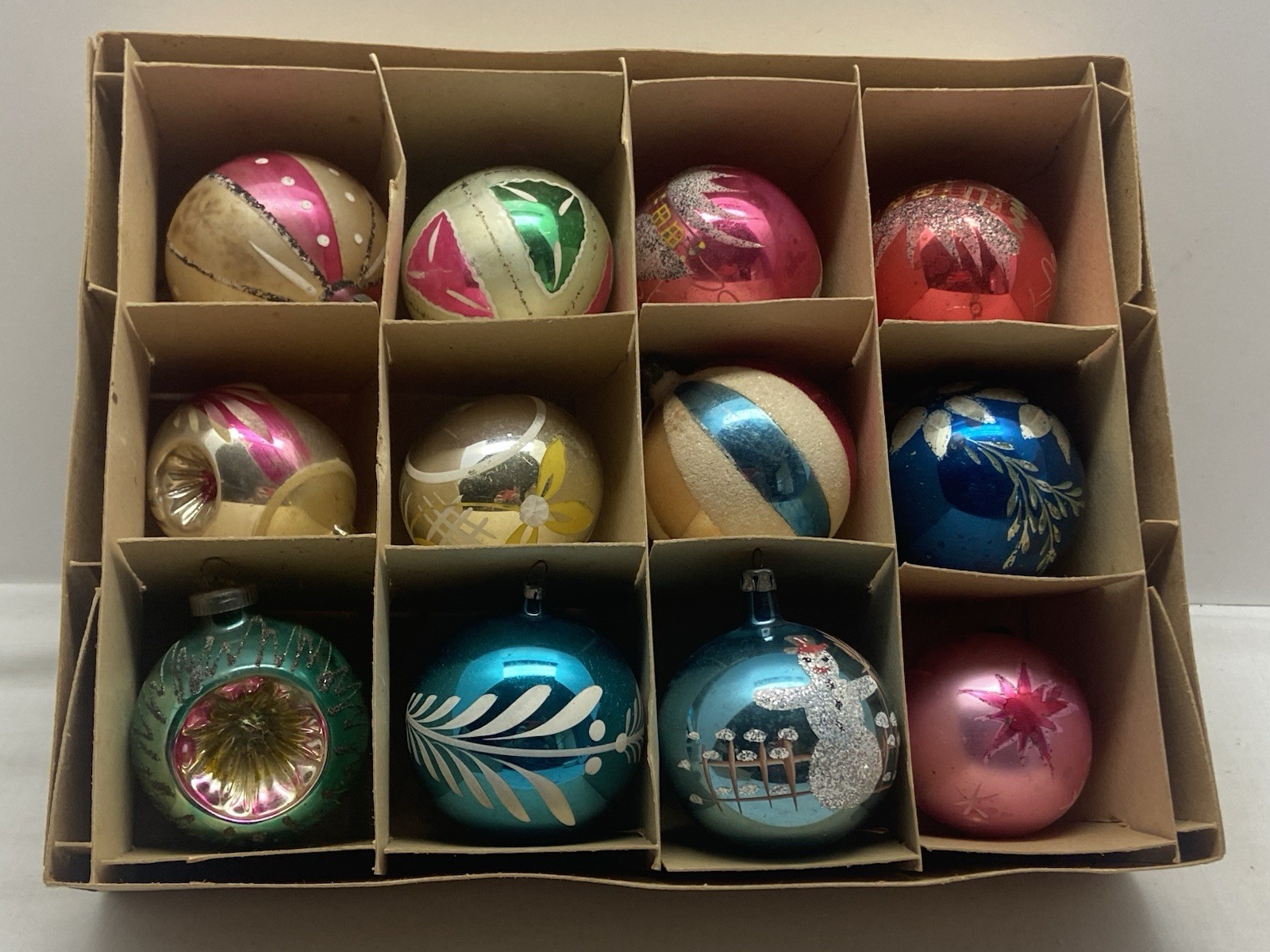Vintage Fantasia Glass Christmas Ornaments, Box of 12, Poland Vintage Fantasia Glass Christmas Ornaments, Box of 12, Poland