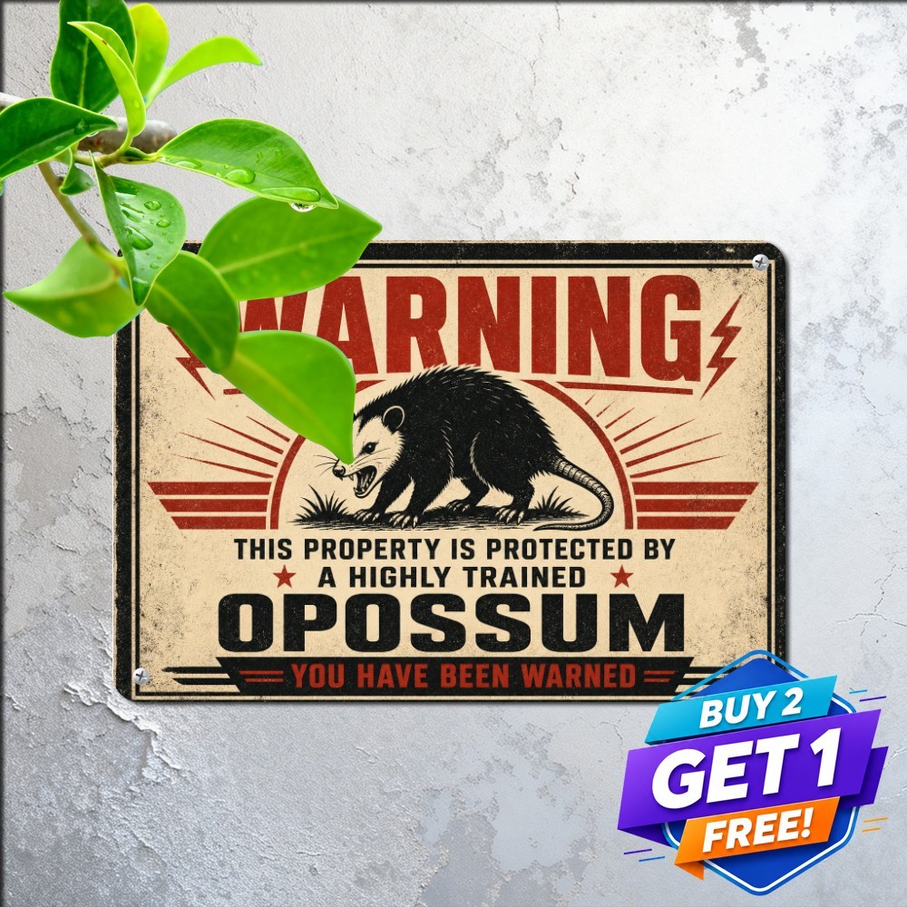 Guard Opossum Warning Property Protected Humor Decor Metal Tin Sign 8x12