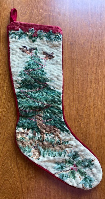 Vintage Wool Needlepoint Christmas Stocking with Woodland scene Tree