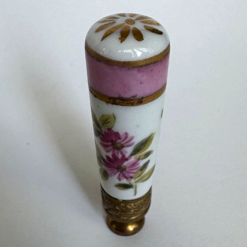 Antique Hand Painted Porcelain Floral Desk Wax Seal Gold Tone 3 Inch