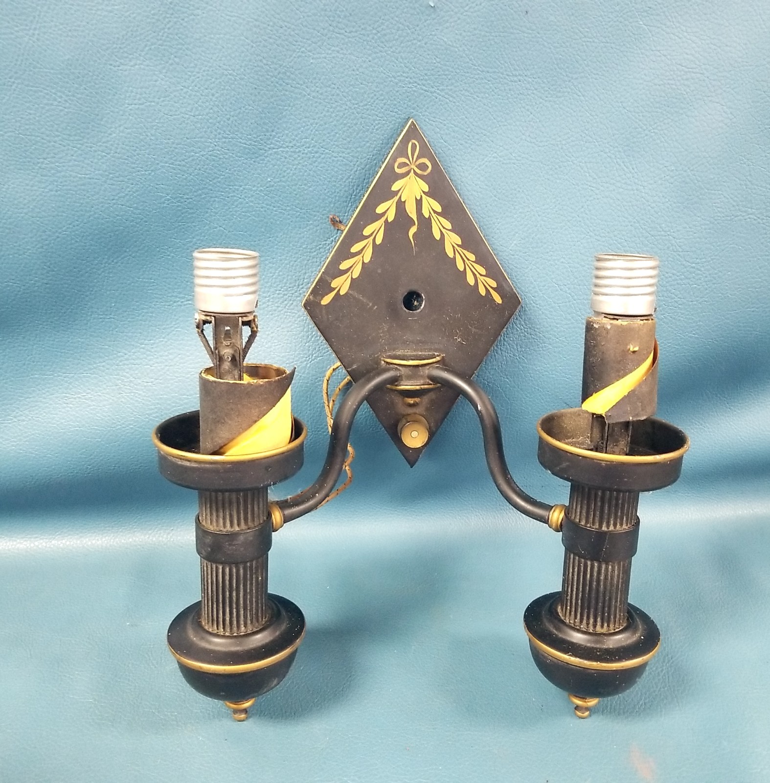VTG/ANTQ Black Steel Toleware 2-Arm Wall Sconce Light Gold Details Art Deco
