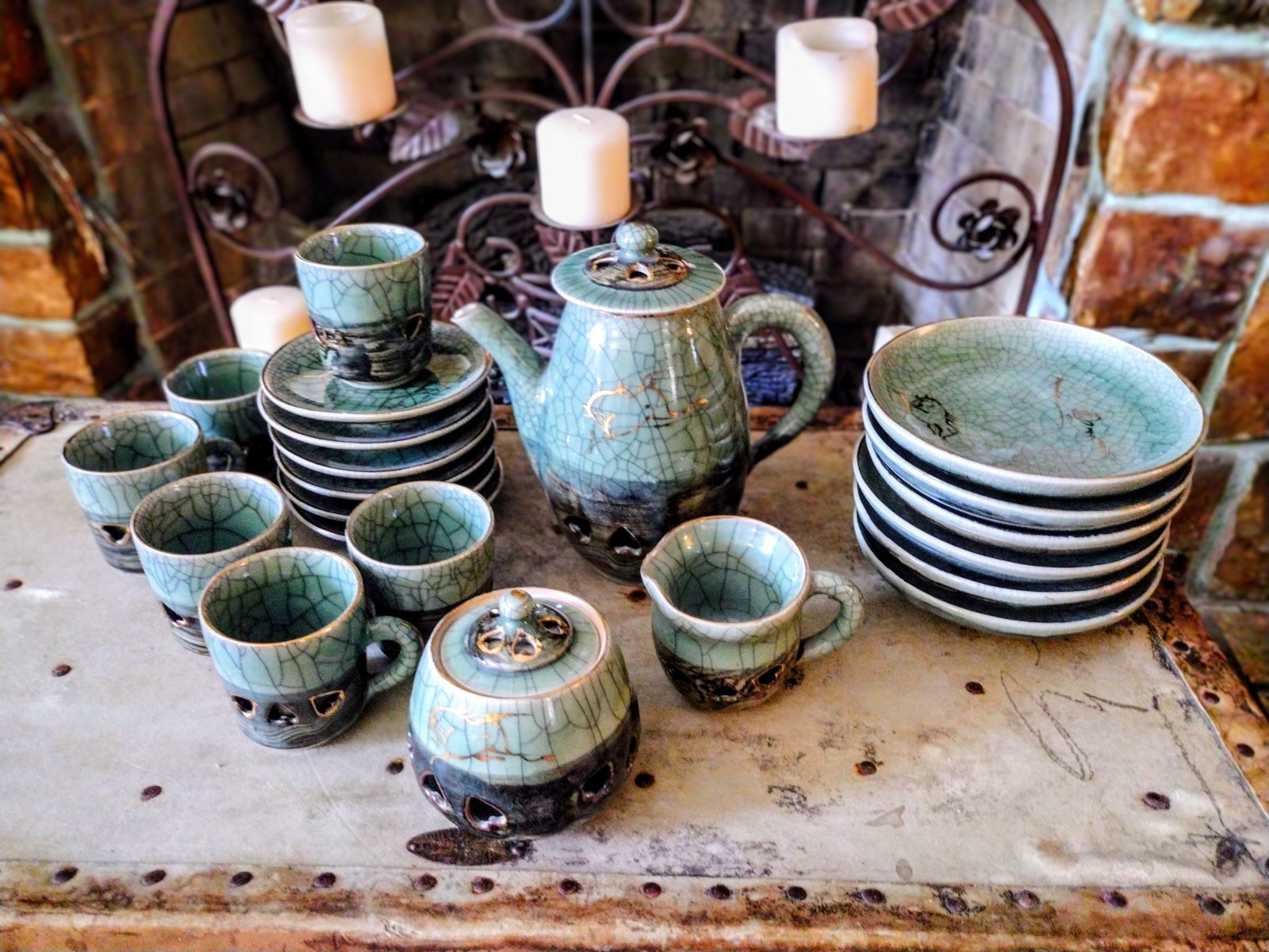 Vintage Otagiri SOMAYAKI Soma Ware Green Crackle w/ Gold Horse Heart Teapot Set