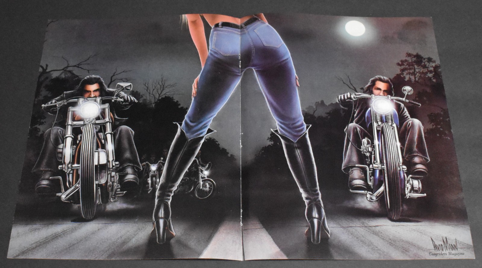 1982 Print Ad David Mann Motorcycle Night Drag Race Lady Jeans Biker Babe Art AL