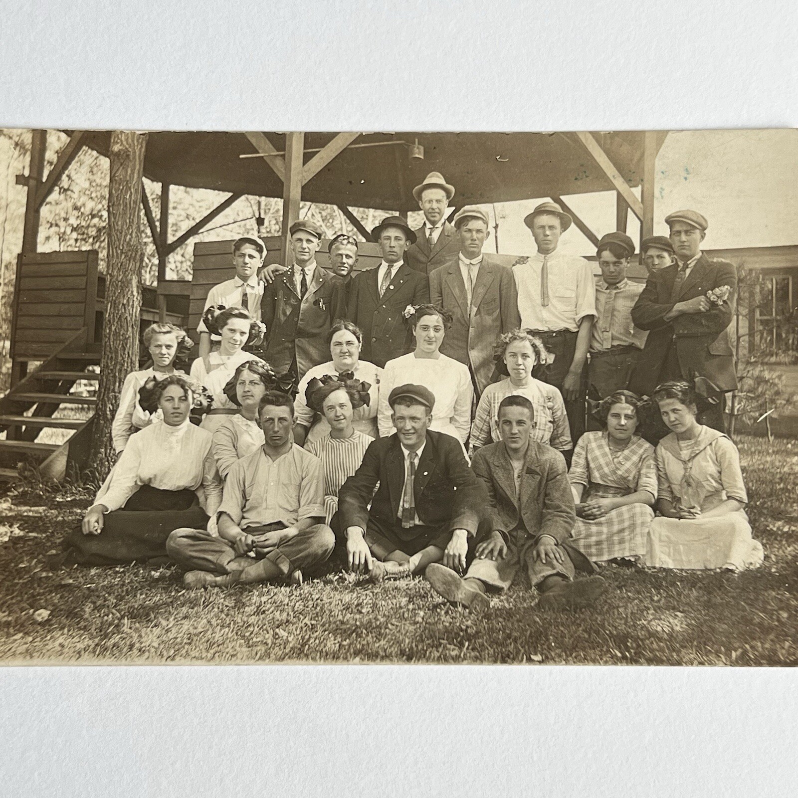 Antique RPPC Real Photograph Postcard Group Young Men & Women Outside Wonderful