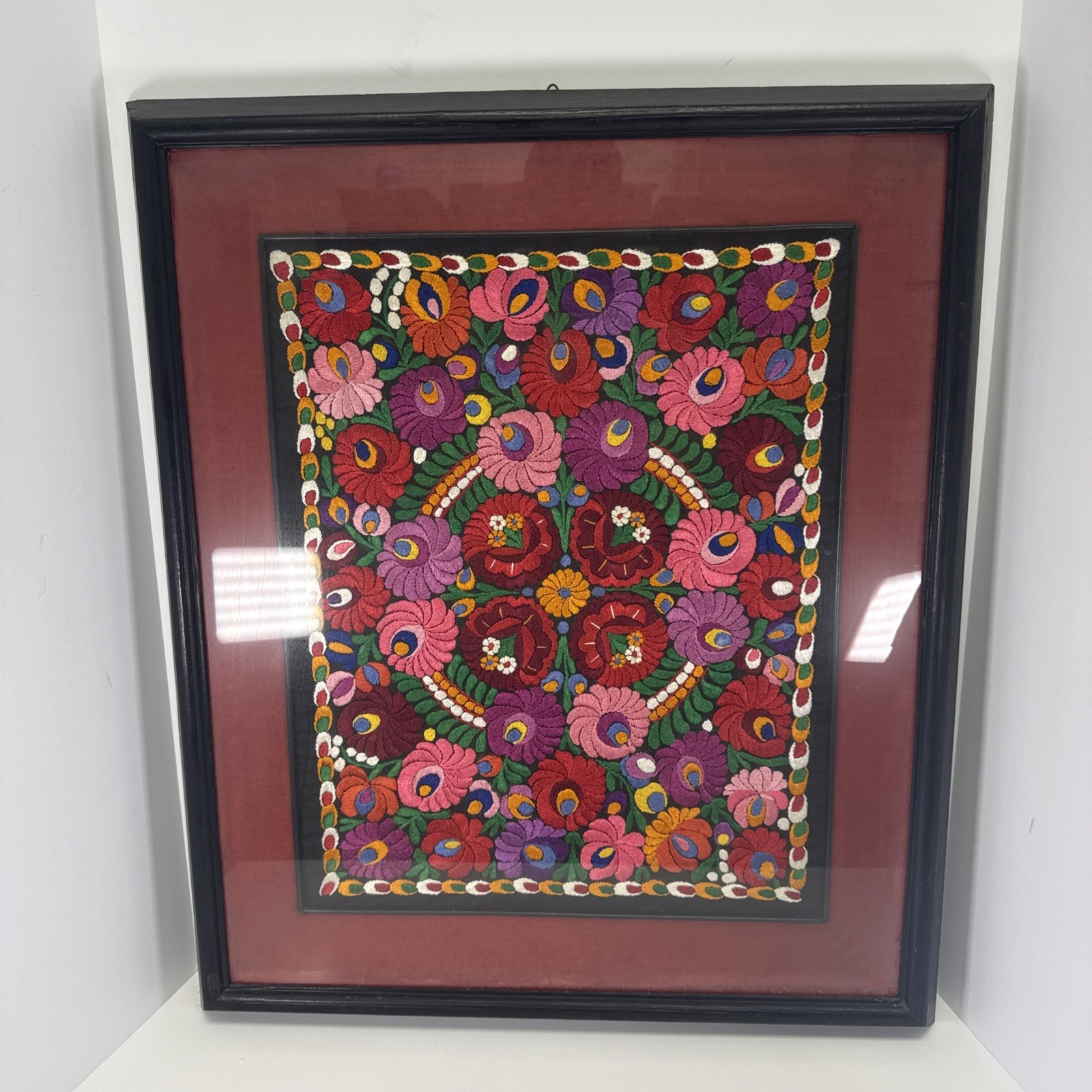 Vintage Hungarian Matyo Tablecloth With Fringe Floral Vibrant Embroidered Framed