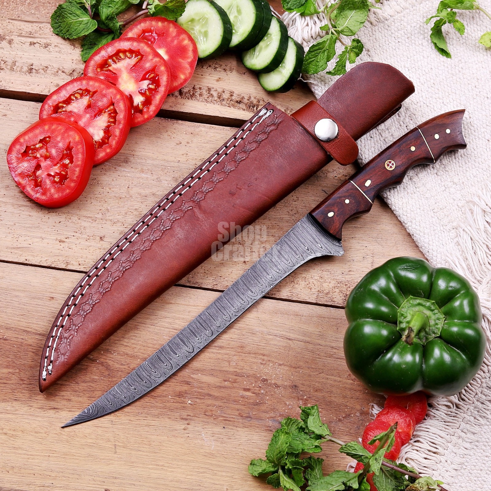 13'' Damascus Steel Fillet Knife - Handmade Flexible Fishing Cutting Sharp Blade