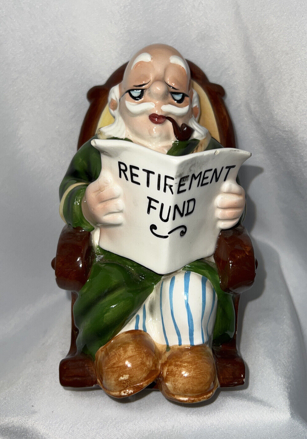Collectible Vintage Lefton Ceramic Grandpa Rocking Chair Retirement Fund Bank