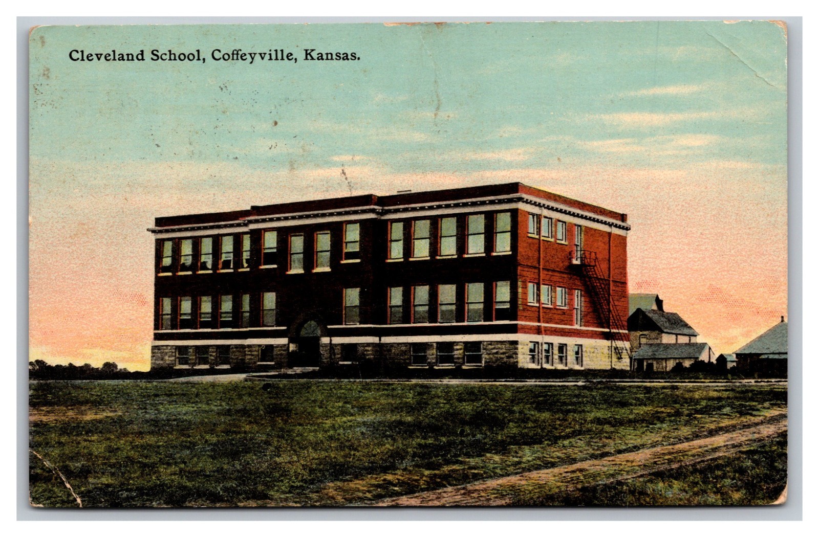 Cleveland School Coffeyville Kans. Kansas Postcard c1915 R. P. O. Postmark