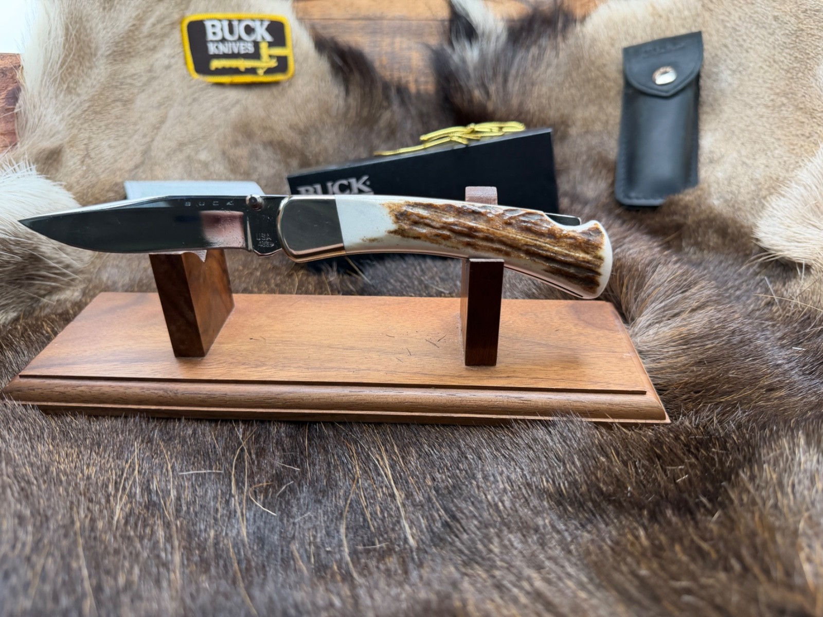 Buck 486 Knife With Stag Handle & Stainless  Blade & Leather Sheath Mint In Box