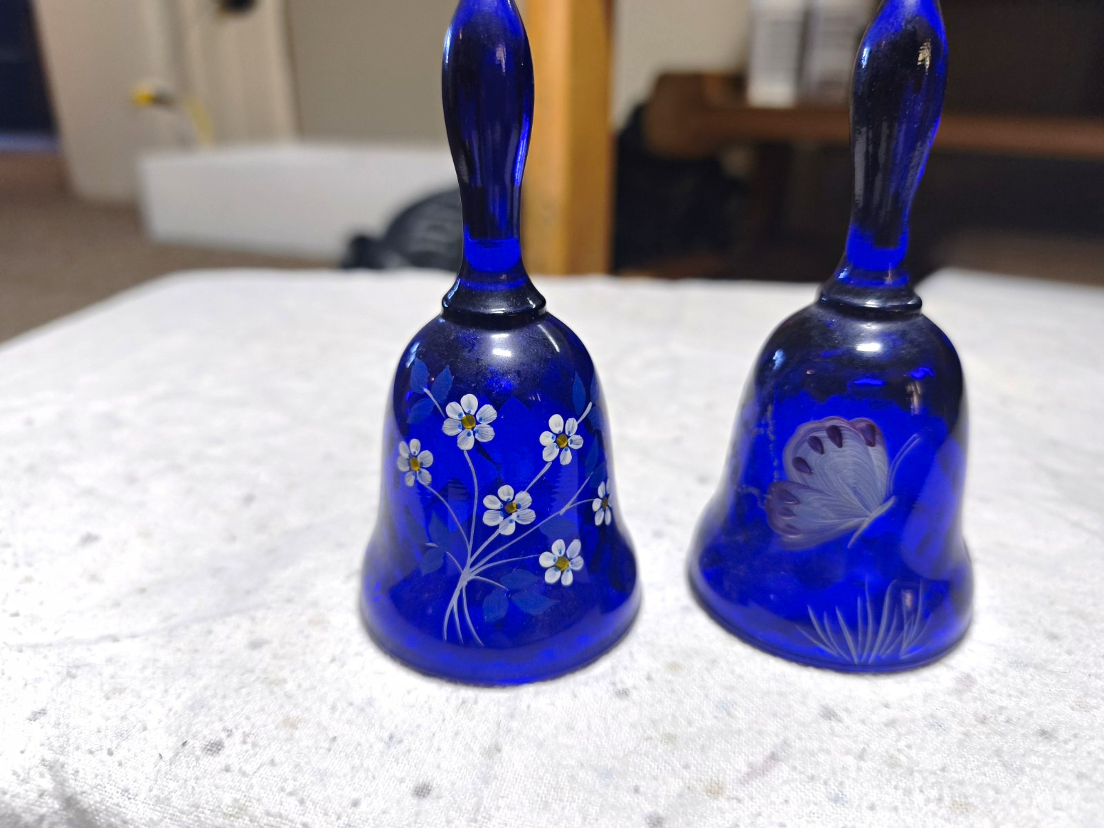 Pair of Fenton Cobalt Blue Hand-Painted Glass Bells Pair of Fenton Cobalt Blue Hand-Painted Glass Bells