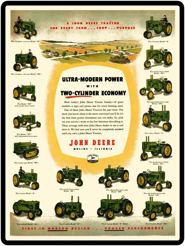 John Deere 2 Two Cylinder Tractors, All Models Metal Sign: 9x12\