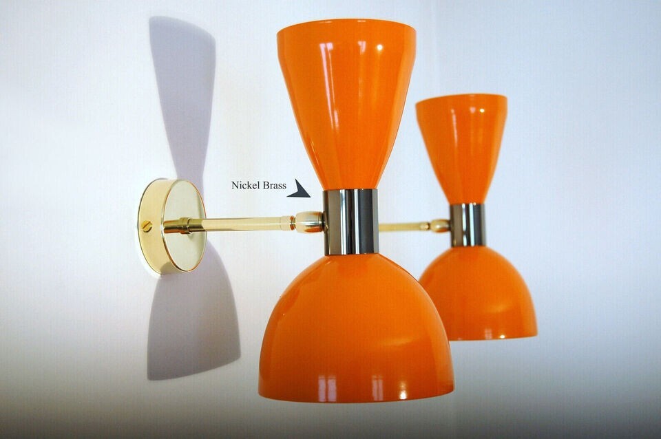 Italian Wall Scone Italian Wall Light Fixture 2 Bulb Pair ORANGE - Style '50 Italian Wall Scone Italian Wall Light Fixture 2 Bulb Pair ORANGE - Style '50