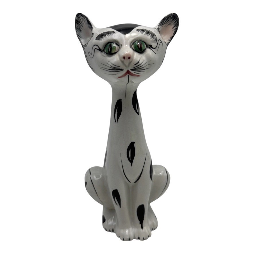 Vintage MCM Ceramic Long Neck Cat with Pleading Green Eyes
