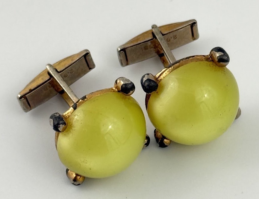 Vintage Yellow Lucite Cabochon Cufflinks Gold Tone Atomic Mid Century Modern Men
