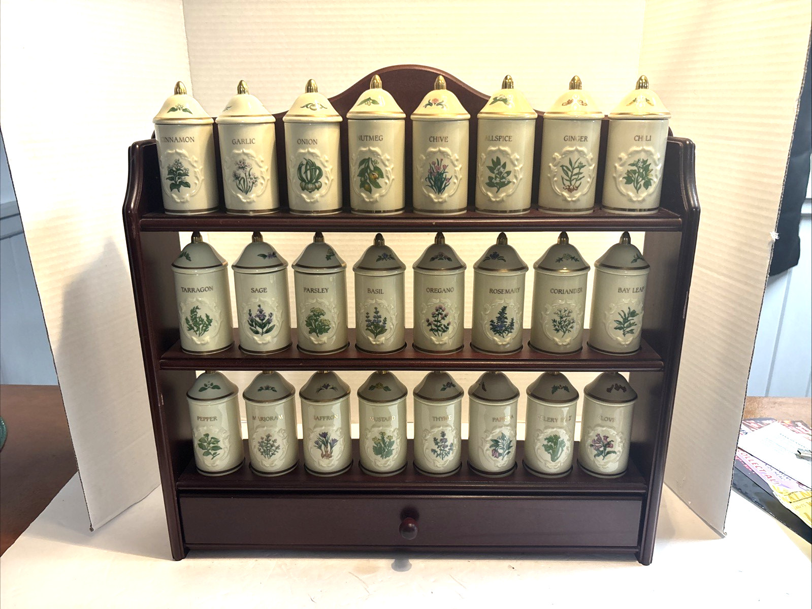 Vintage Lenox  Spice Garden Jars w/  wooden hanging Rack Set of 24 Unused