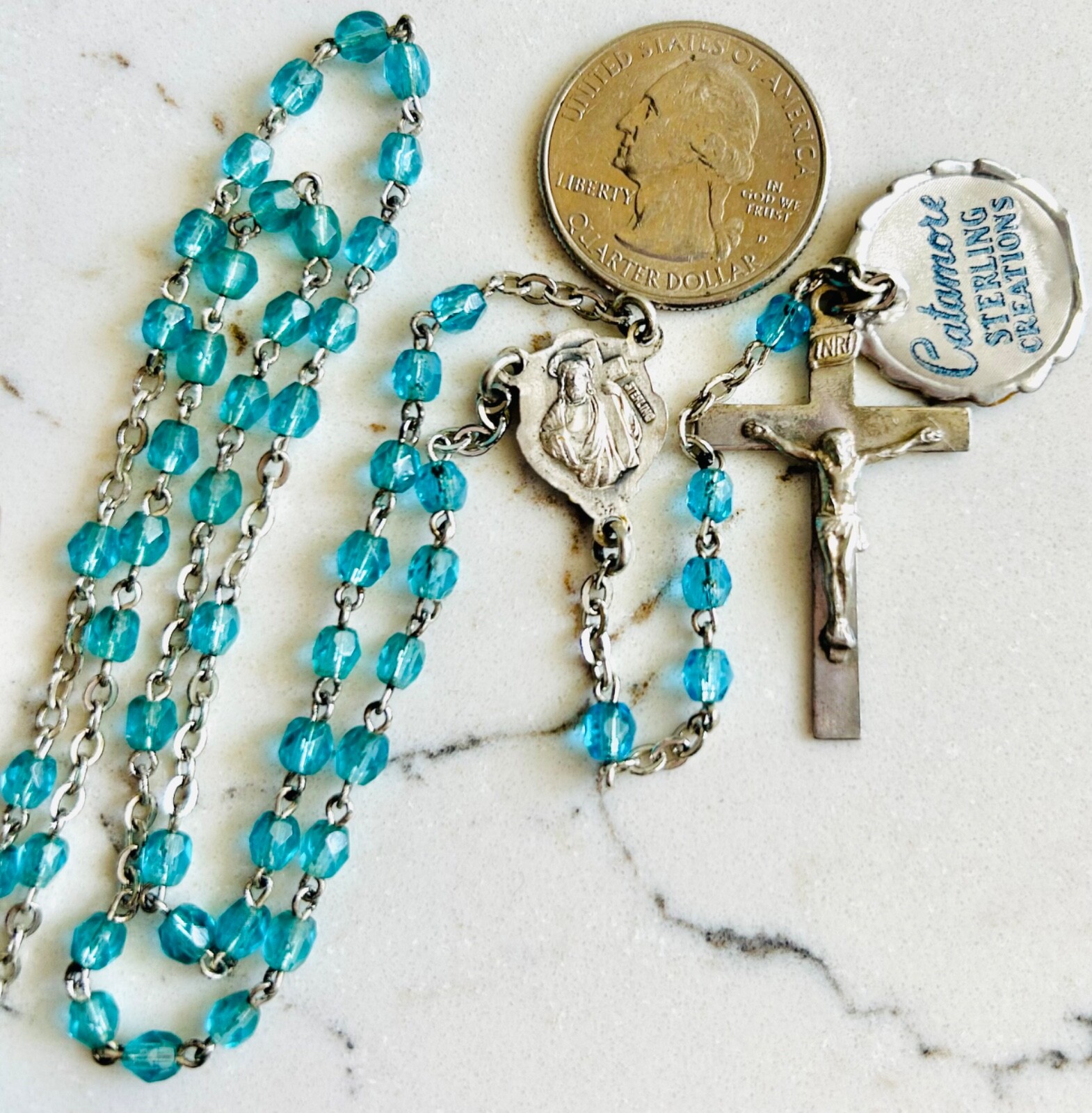 Catholic Sterling Silver Catamore Rosary NOS Blue Crystal 15.5