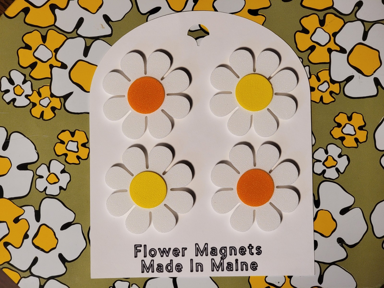 4x Flower Power Magnets - White w/ Orange & Yellow Vtg Mid-Century MCM Inspired