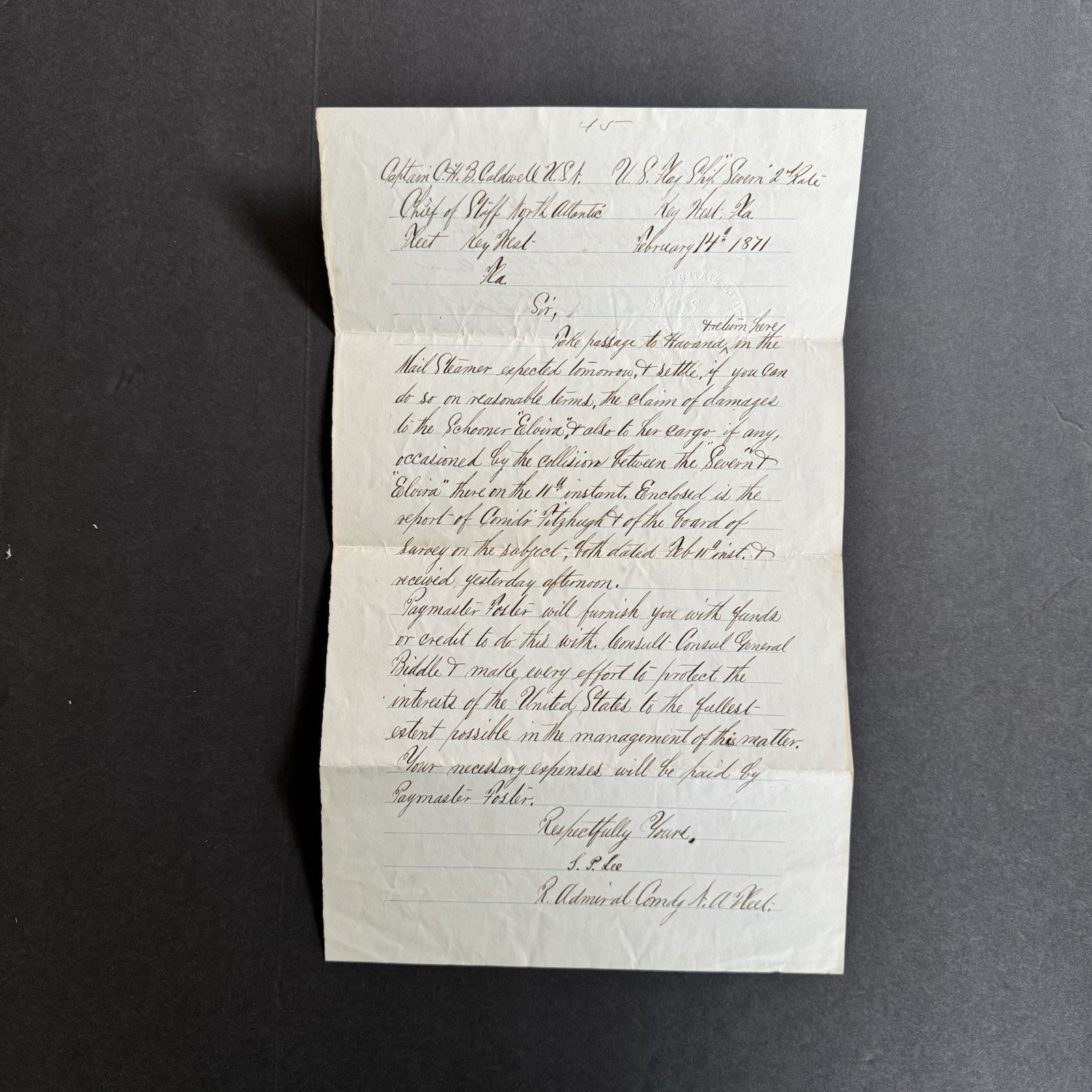 1871 Rear Admiral Samuel P. Lee Signed Letter USS Severn Key West Havana Cuba