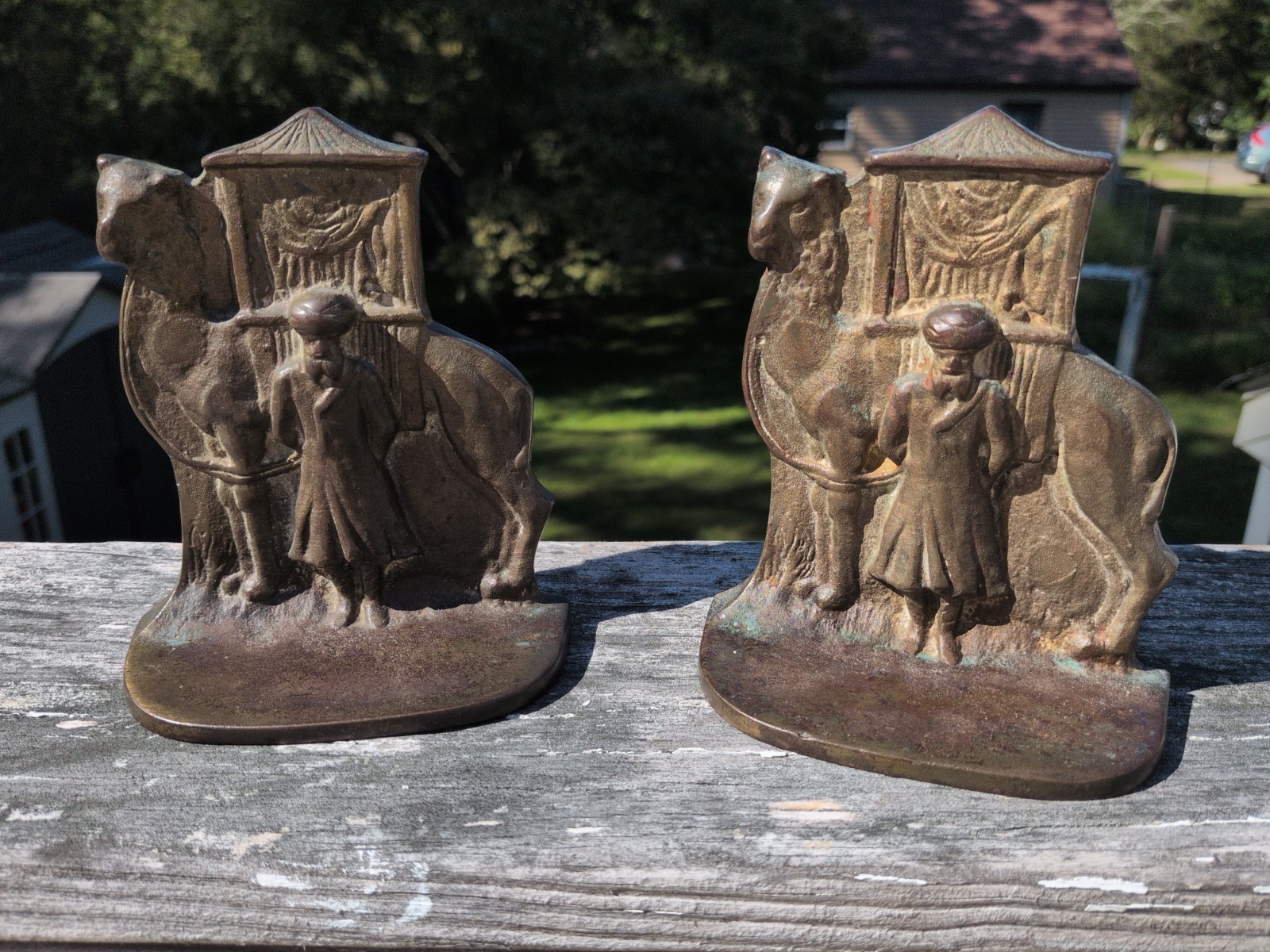 Vintage Heavy Brass Middle East Arab Man & Camel Bookends - Detailed Patina Pair