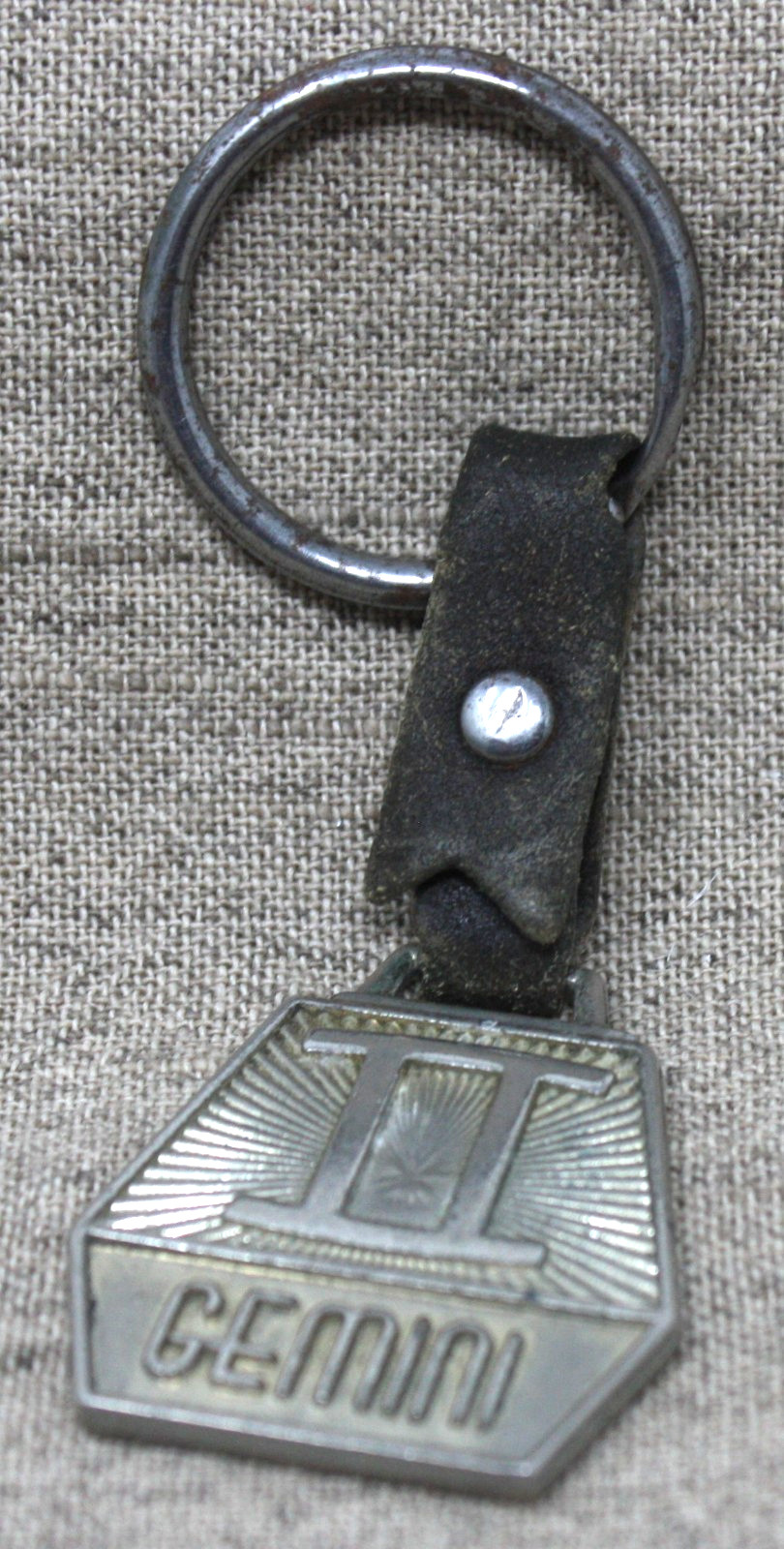 Vintage 1970s Gemini Zodiac Keychain Leather Metal Astrological Sign Hexagon