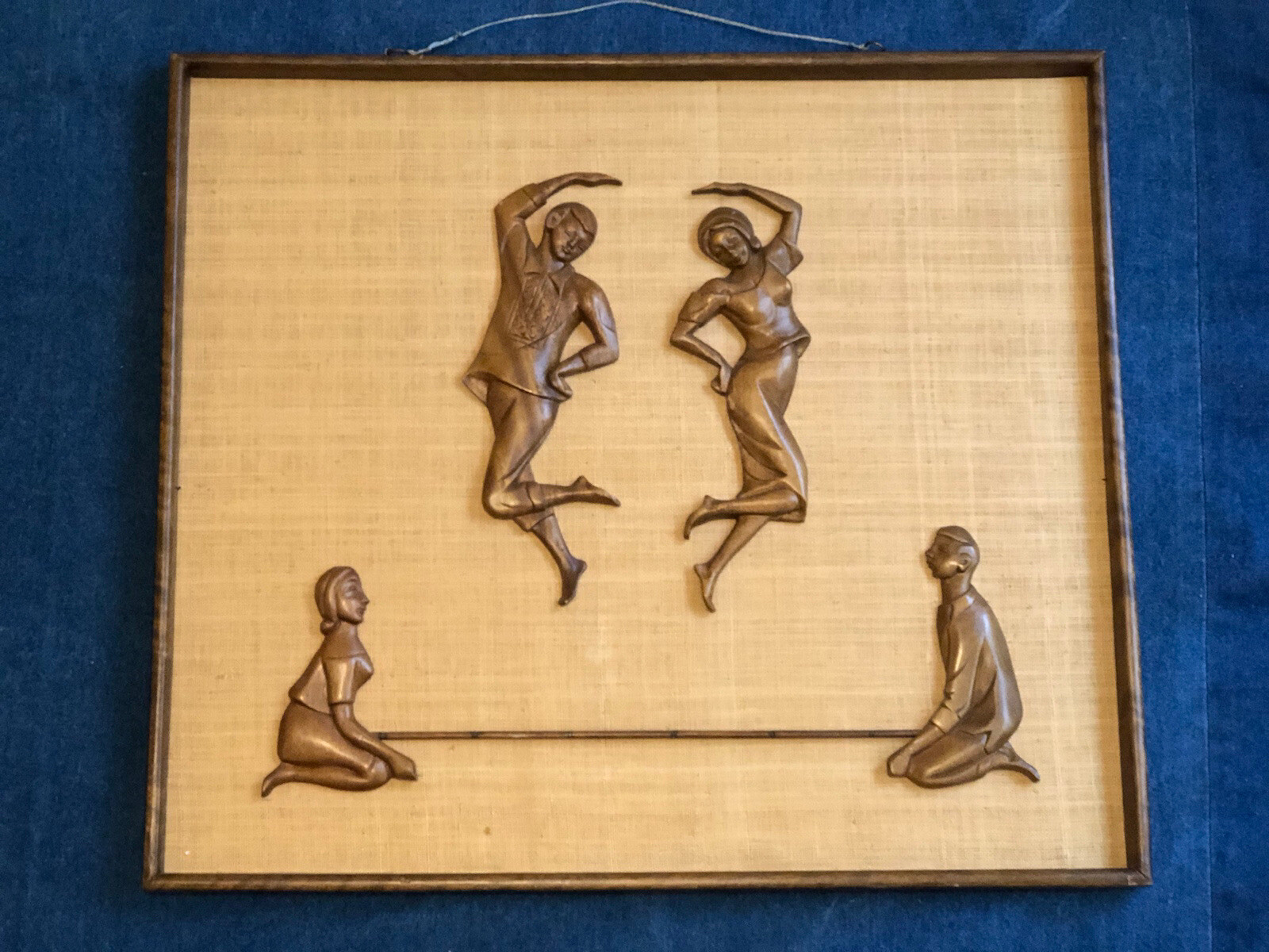 Vintage Carved Wood Limbo Dancers on  Burlap Framed 1960s Tiki Bar Decor 21x24