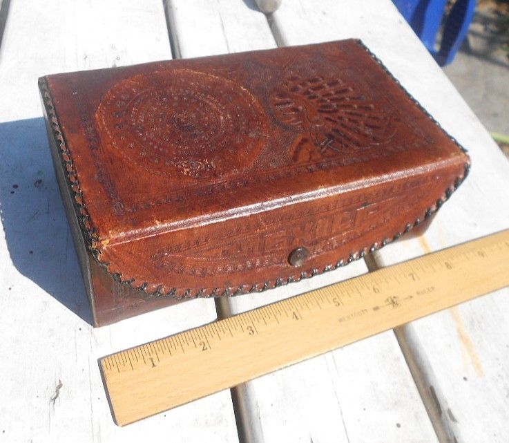 Vintage Mexican Aztec Warrior Mayan Calendar Tooled Leather Jewelry Box Mexico Vintage Mexican Aztec Warrior Mayan Calendar Tooled Leather Jewelry Box Mexico