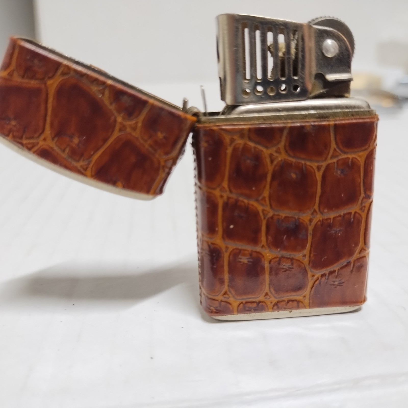 Vintage Trimlite Champ Austria Lighter - Brown Faux Crocodile Mid Century