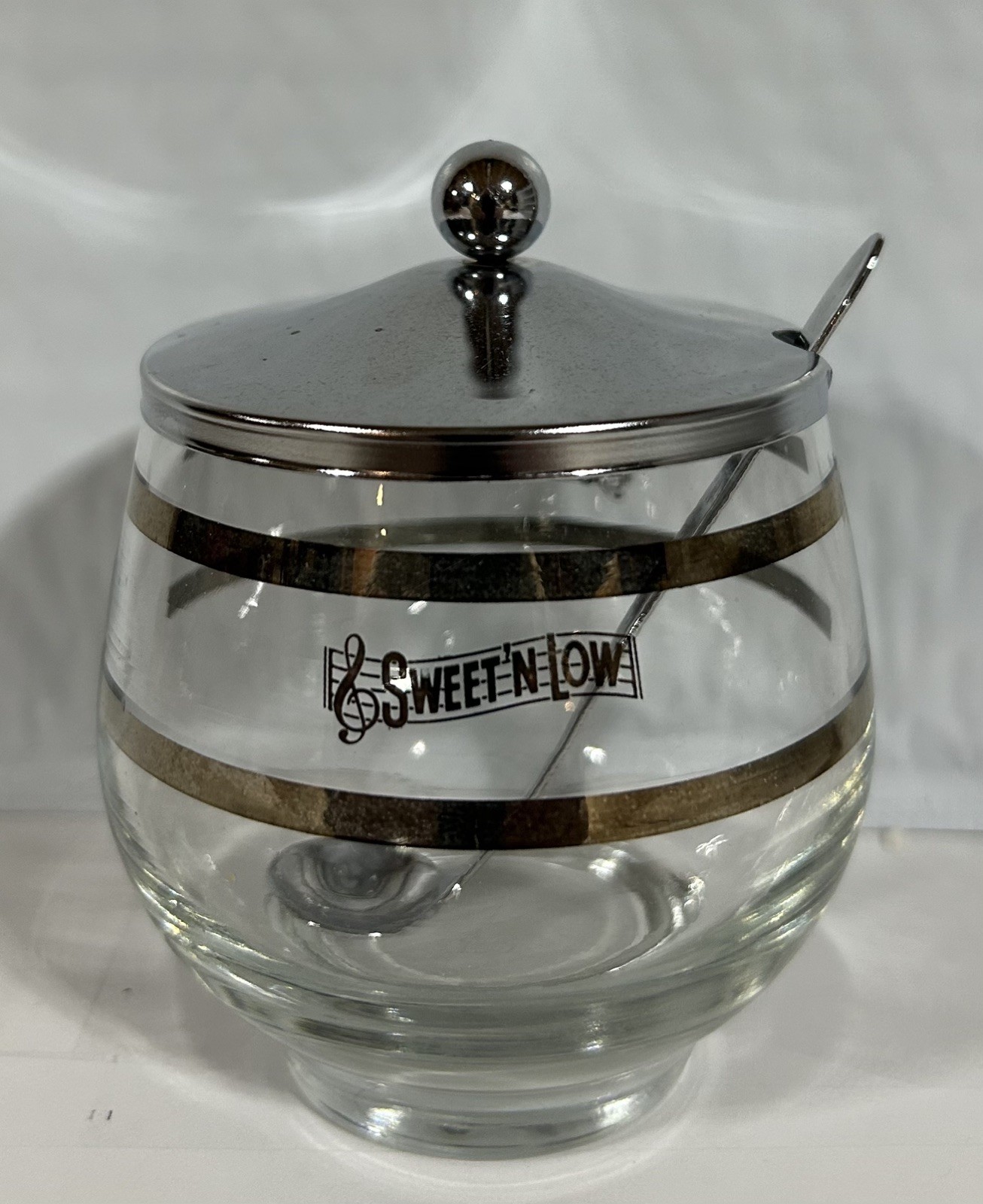 Vintage Sweet N Low Lidded Glass Sugar Bowl with Metal Spoon Vintage Sweet N Low Lidded Glass Sugar Bowl with Metal Spoon