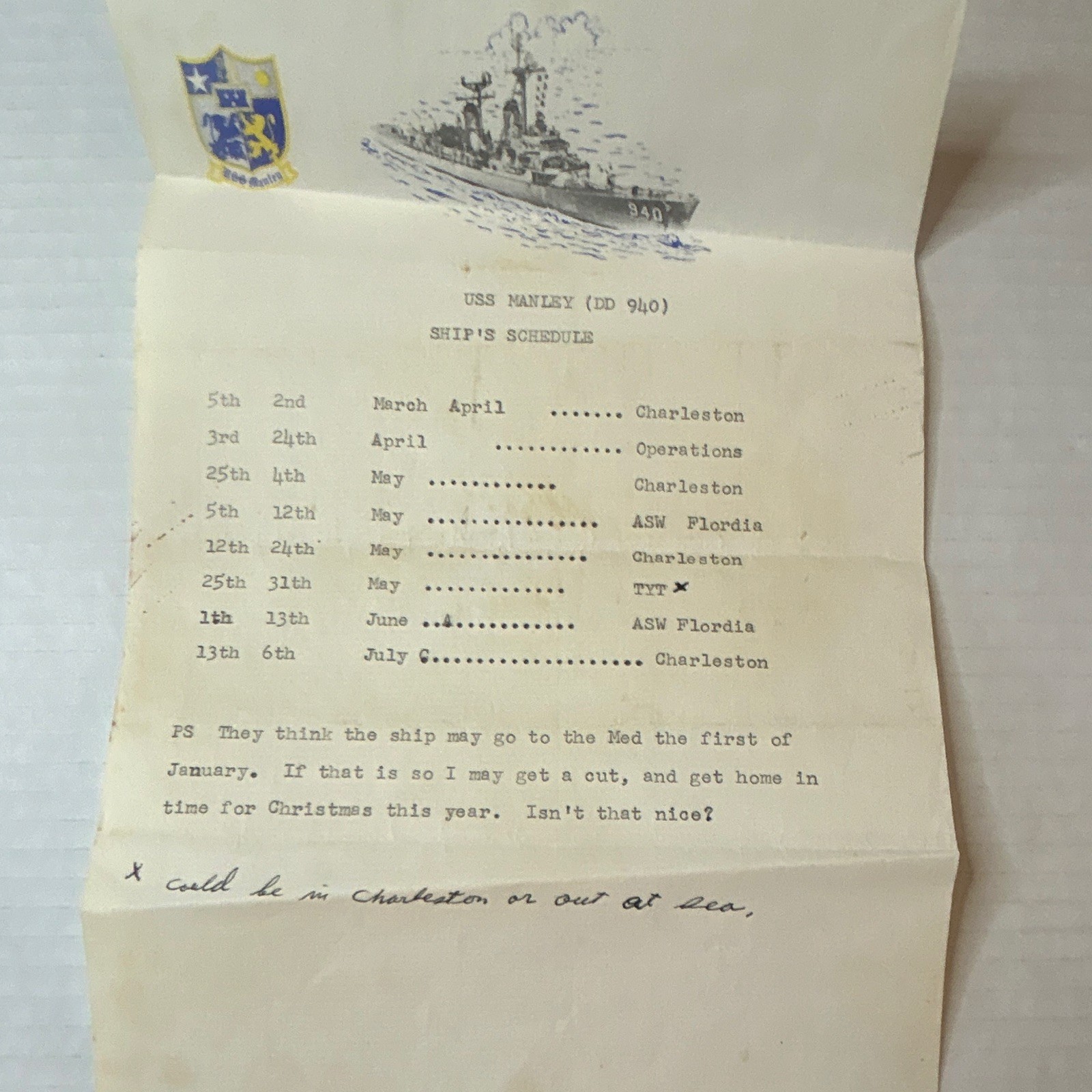 Vintage US Navy Sailor Letter USS Manley 1963 Charleston SC