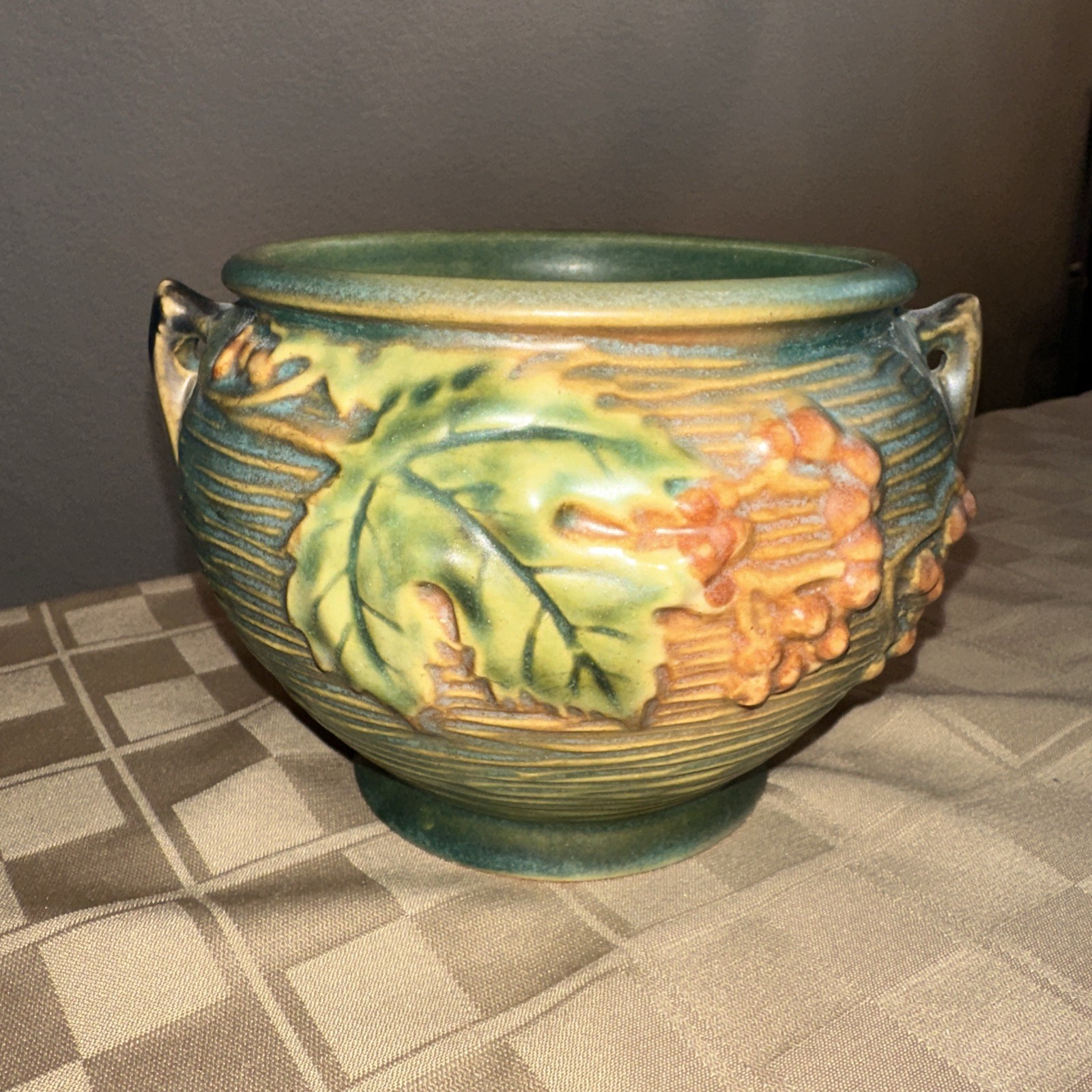 Antique Roseville Pottery Bushberry 657-4 Jardinière Bowl Green Orange 1930s Antique Roseville Pottery Bushberry 657-4 Jardinière Bowl Green Orange 1930s