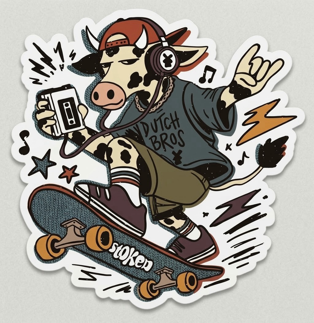 DUTCH BROS OCT 21 2026 COW SKATEBOARDER STICKER DUTCH BROS OCT 21 2026 COW SKATEBOARDER STICKER