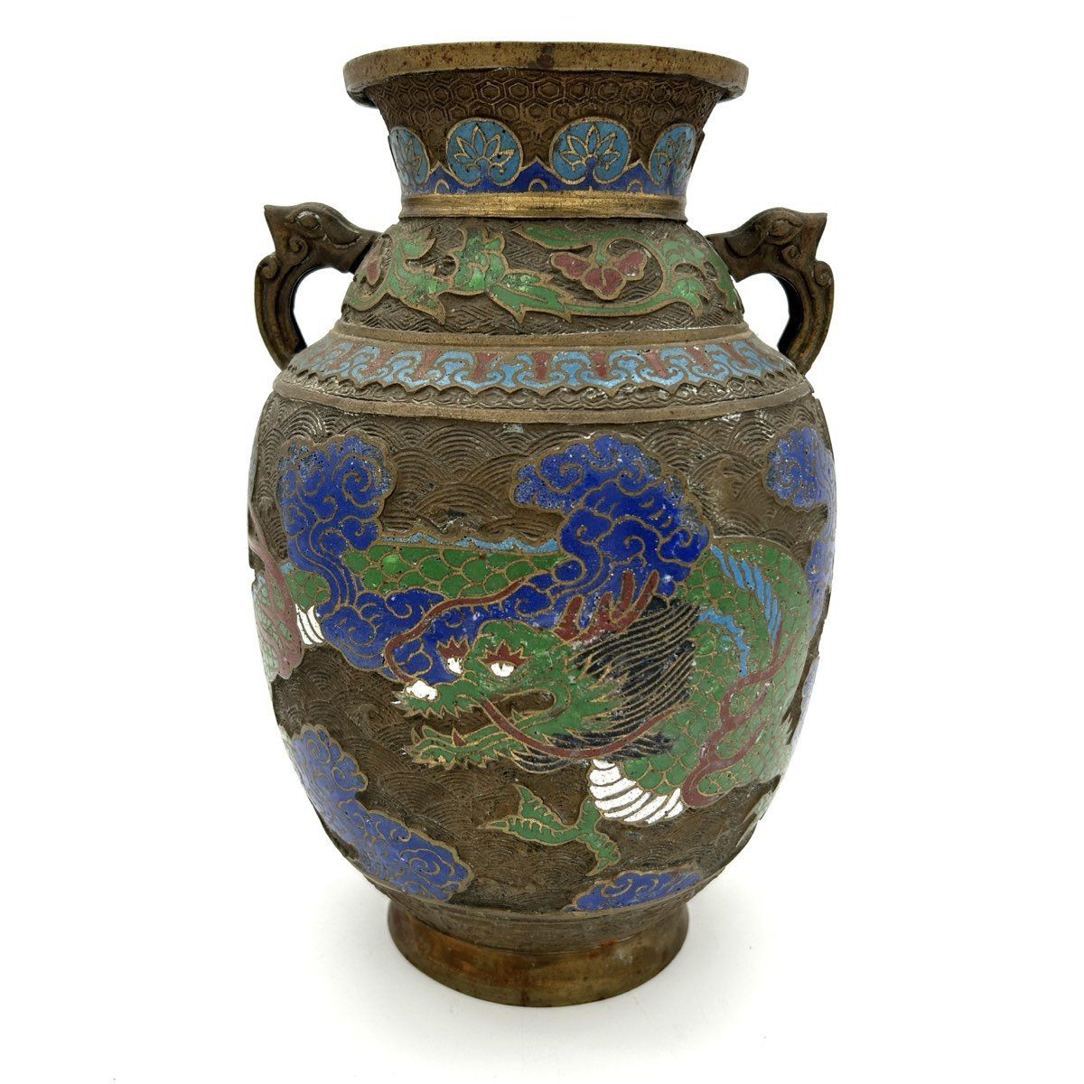 Vintage Japanese Champleve Enamel Metal Vase Dragon Phoenix Handles 11.5 Inch