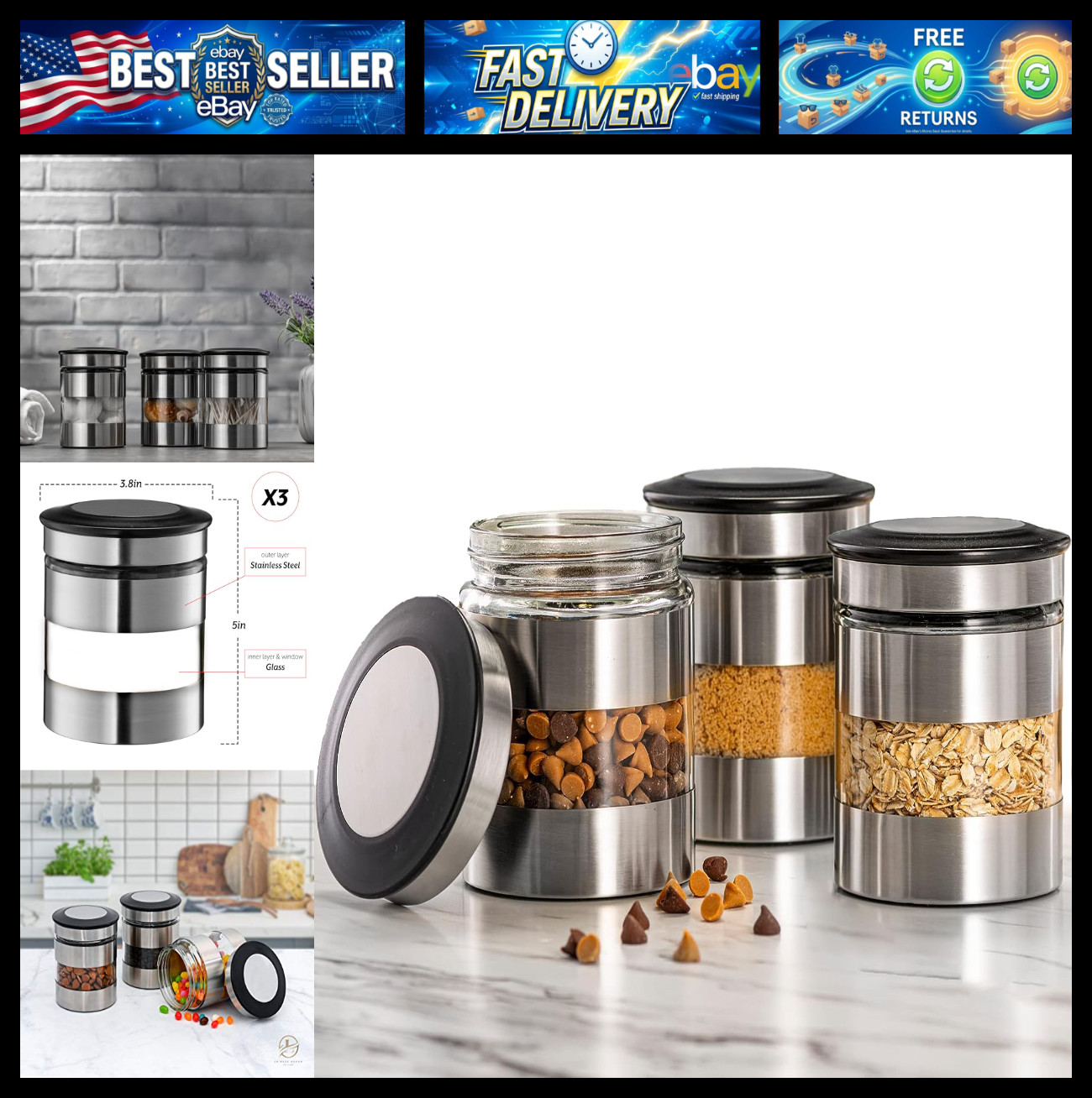 Le'raze Quality Stainless Steel Canister Set of 3 for Kitchen Counter with Glass