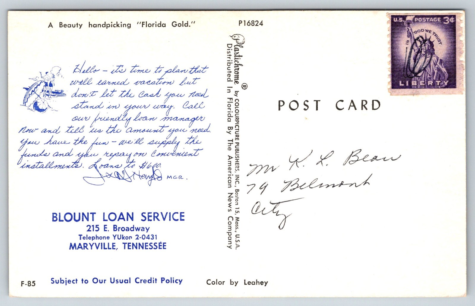 Blount Loan Service 215 E Broadway Maryville TN Ad Postcard Lady FL Orange Hayes Blount Loan Service 215 E Broadway Maryville TN Ad Postcard Lady FL Orange Hayes