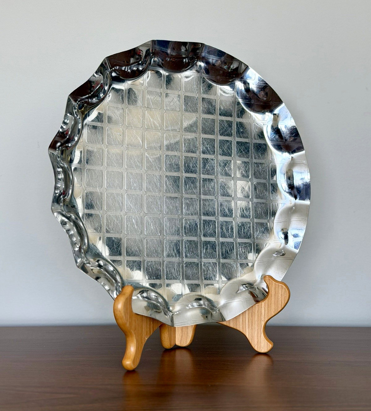 Vintage Mid Century Aluminum Serving Tray Scalloped Rim Geometric 12.5” Vintage Mid Century Aluminum Serving Tray Scalloped Rim Geometric 12.5”