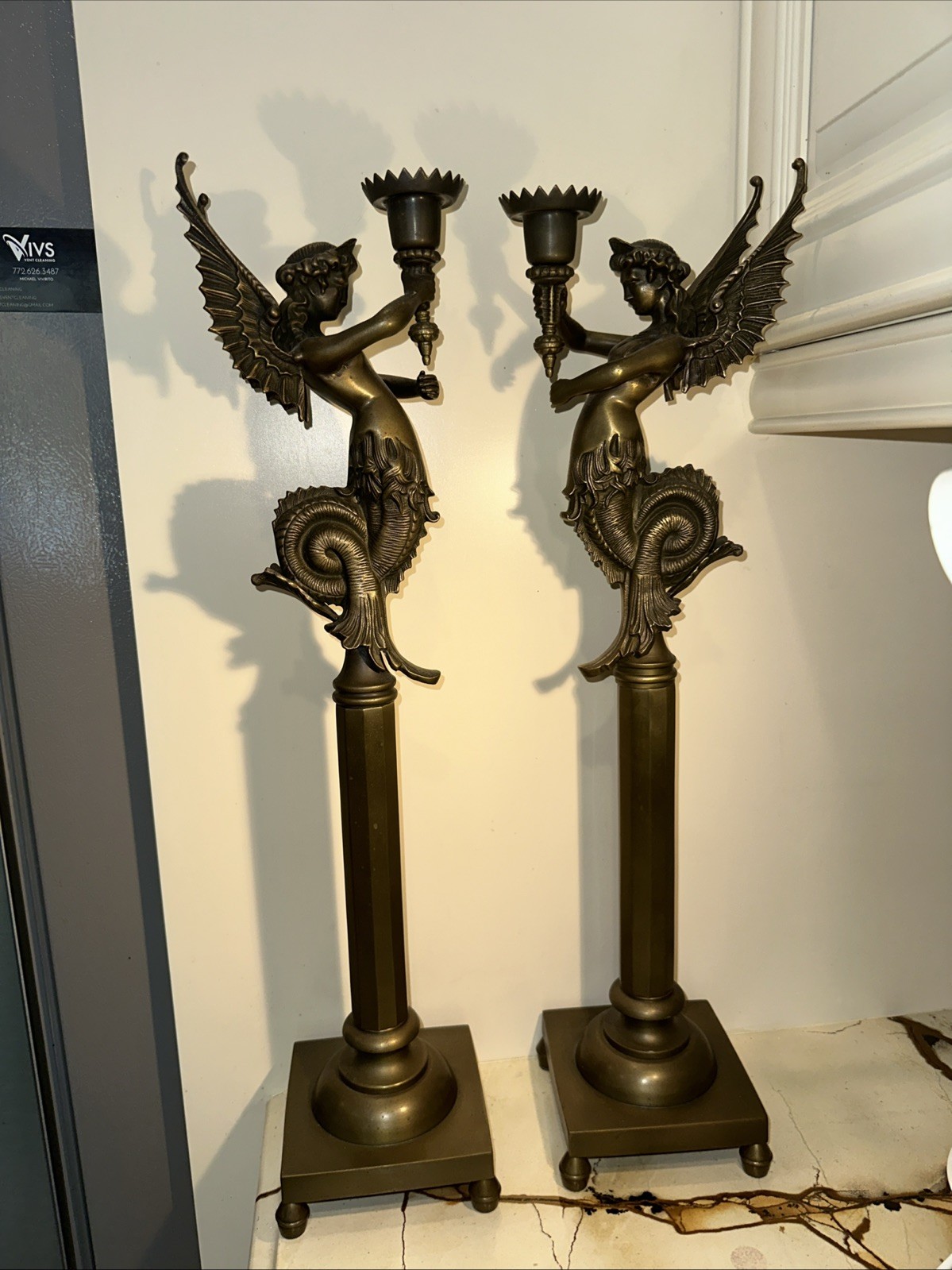 Heavy Solid Brass Winged Mermaid Candlesticks Pair 16.75” Figural Siren Melusine