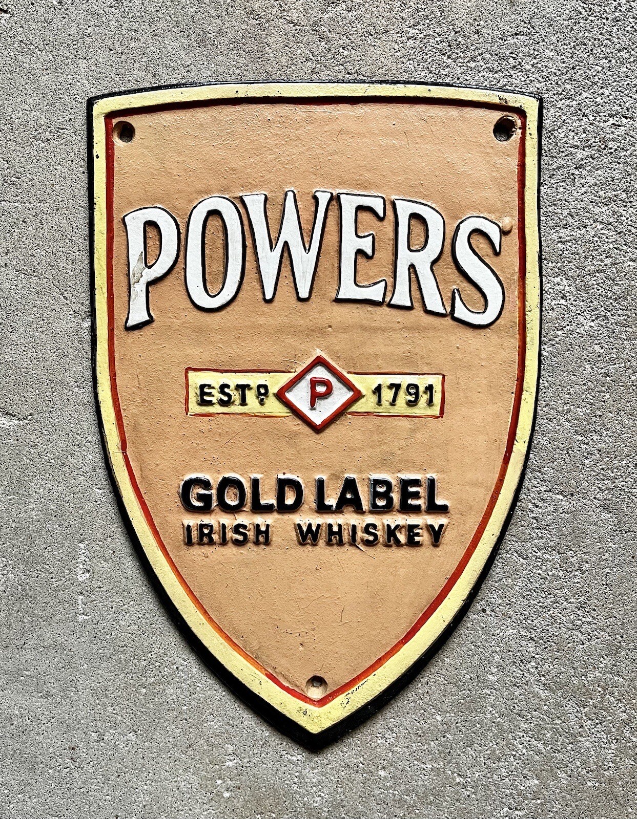 POWERS Gold Label Irish Whiskey Cast Iron Wall Sign, 11.5” x 8”