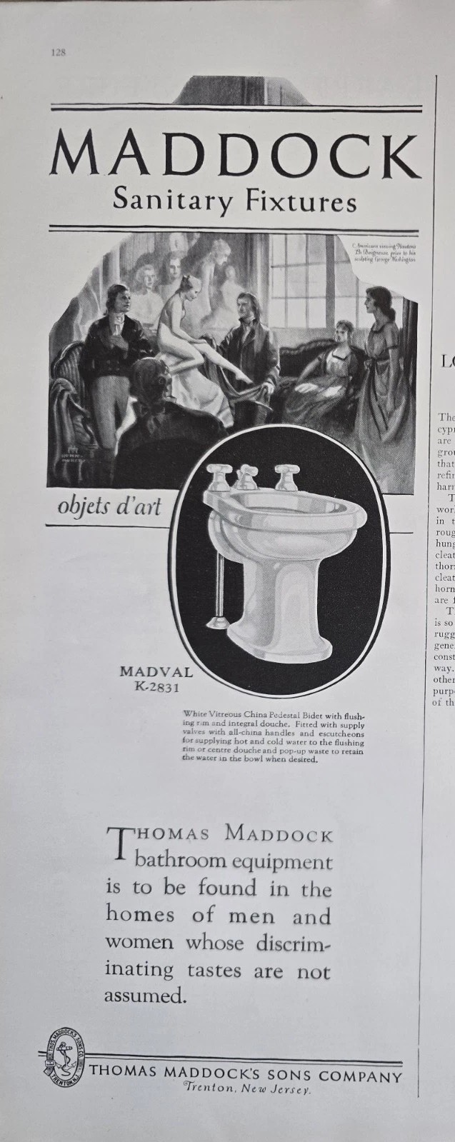 1924 Maddock Sanitary Fixtures Madval K-2831 Pedestal Bidet Toilet vintage ad