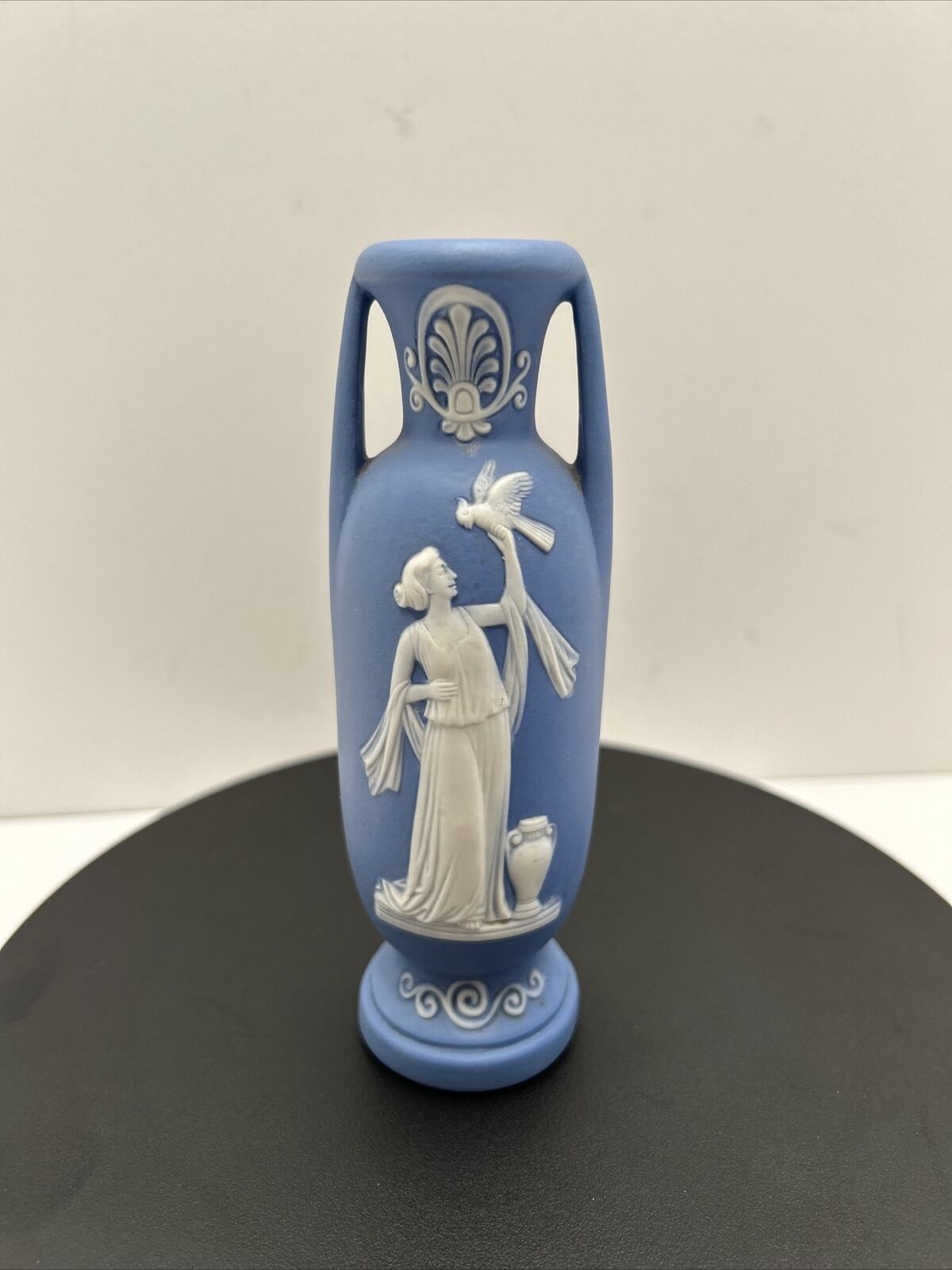German Vintage Jasperware Blue & White Vase  Goddess With Birds  (Unmarked)