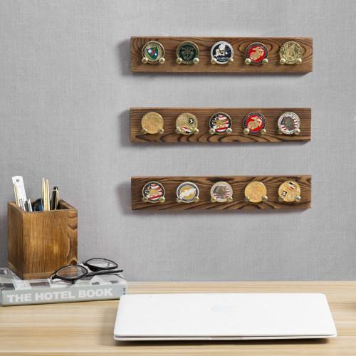 Wall-Mounted Brown Wood Military Challenge Coin / Casino Chip Holder, Set of 3