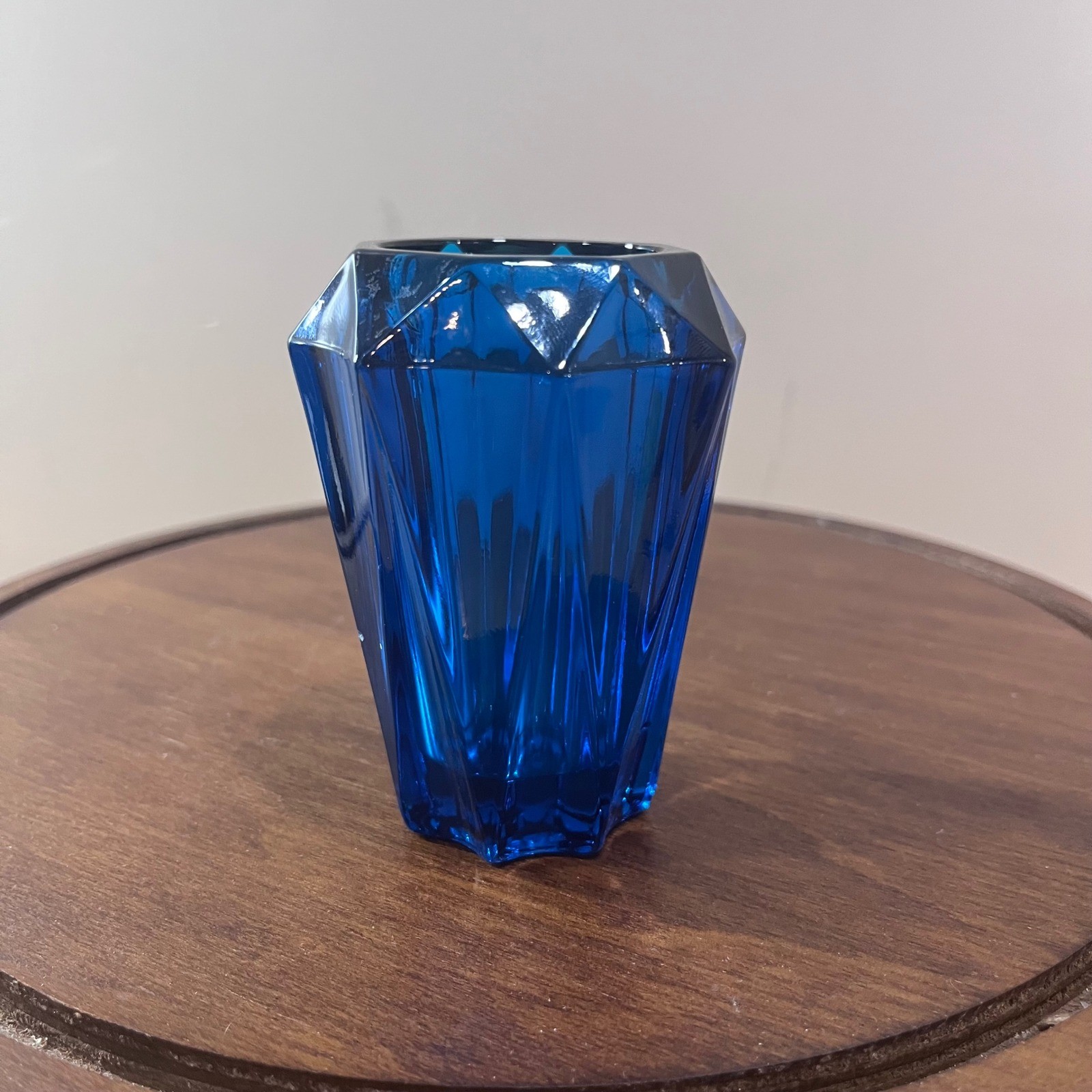 Vtg Viking Bluenique Glass Lighter Holder Faceted Diamond Point Blue MCM 3.75\