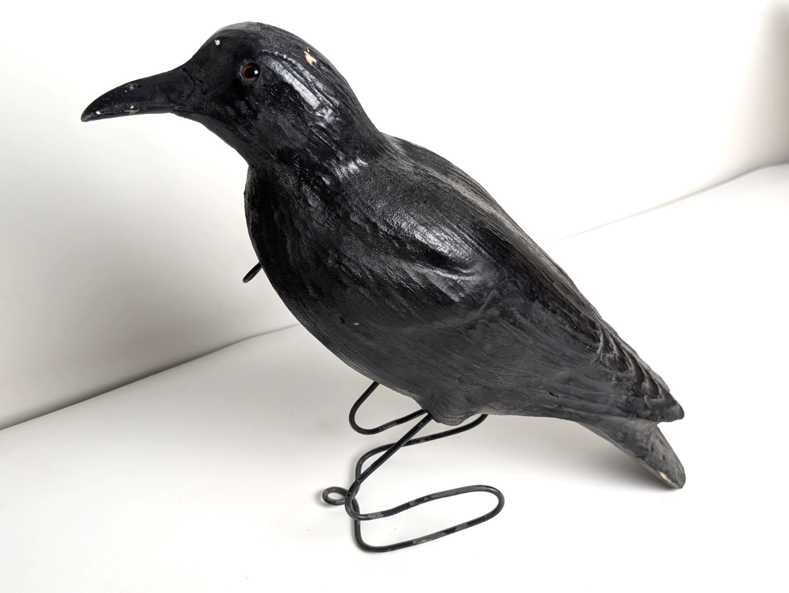 Vintage Folk Art Hand Carved Wood Crow Raven Sculpture Glass Eyes Wire Feet