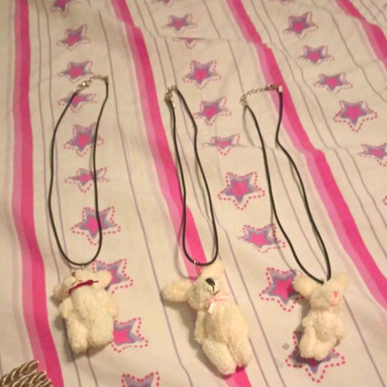 Lot of 3 White Fabric Teddy Bear Hanging Ornaments, Solid Pattern