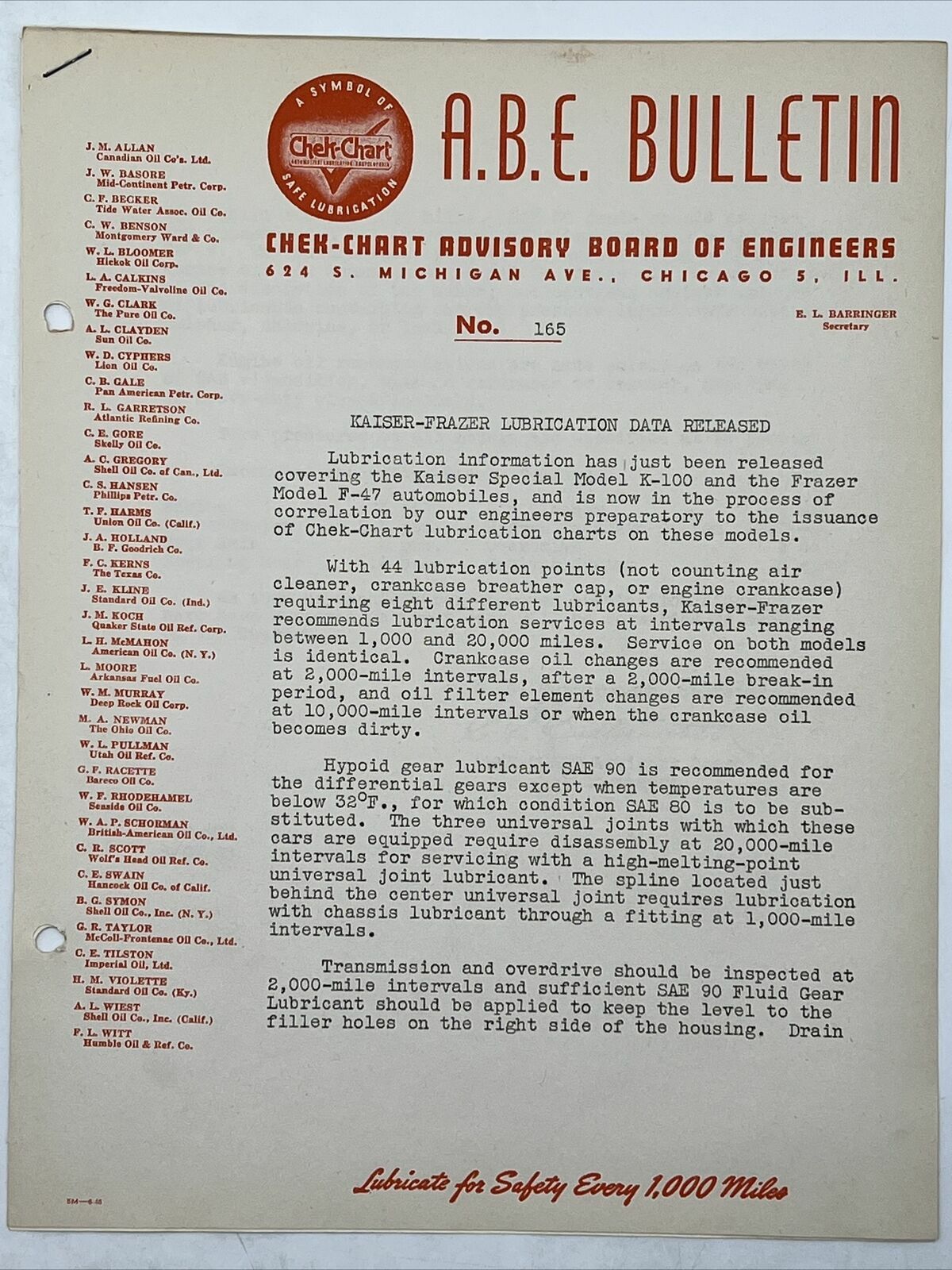 1946 CHEK-CHART A.B.E. BULLETIN NO 165 Kaiser-Frazer Lubrication Data Released