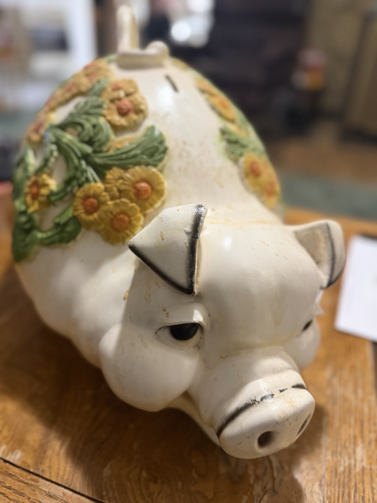 Universal Statuary 1976 Vintage Piggy Bank with White Flowers Large