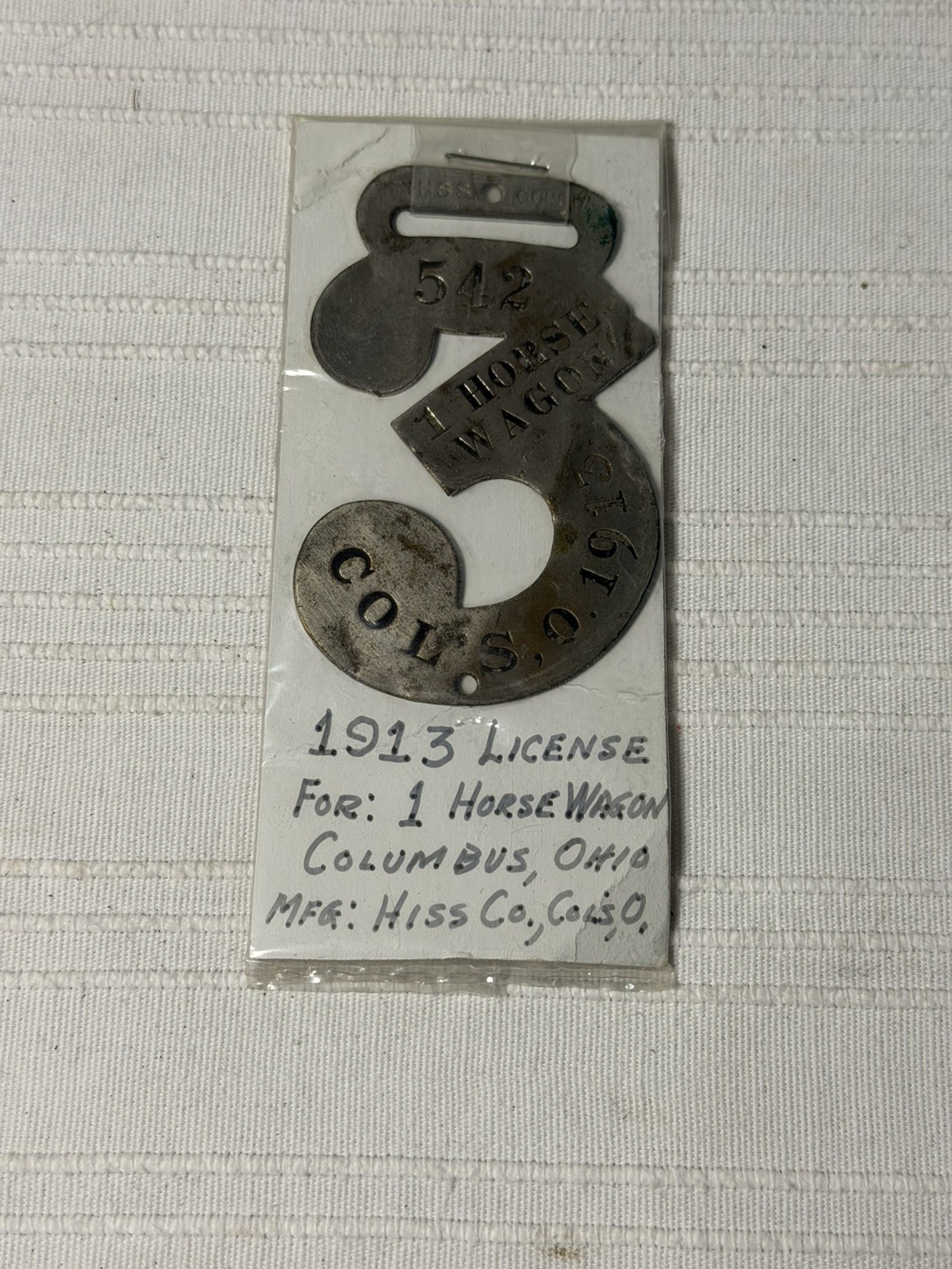 VINTAGE 1913 COLUMBUS OHIO ONE 1 HORSE WAGON HARNESS BRIDAL TAG PLATE #542
