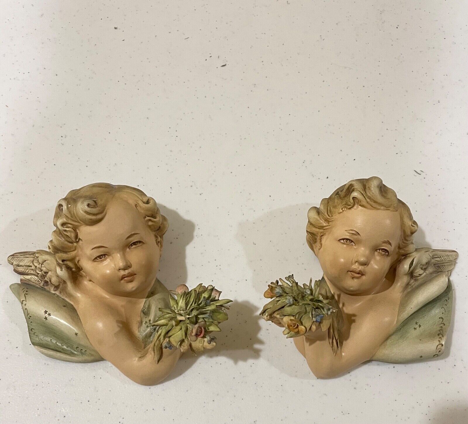 Antique Antonio Borsato Italy Porcelain Handpainted Angels Plaque Set of 2