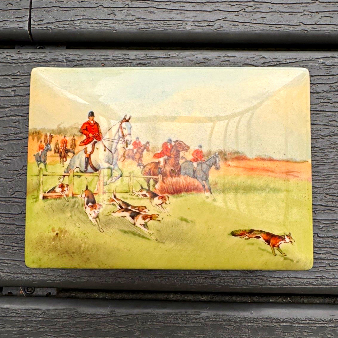 Rare 1930s Royal Doulton Porcelain Trinket Box w/ Lid Fox & Hound Hunting Scene