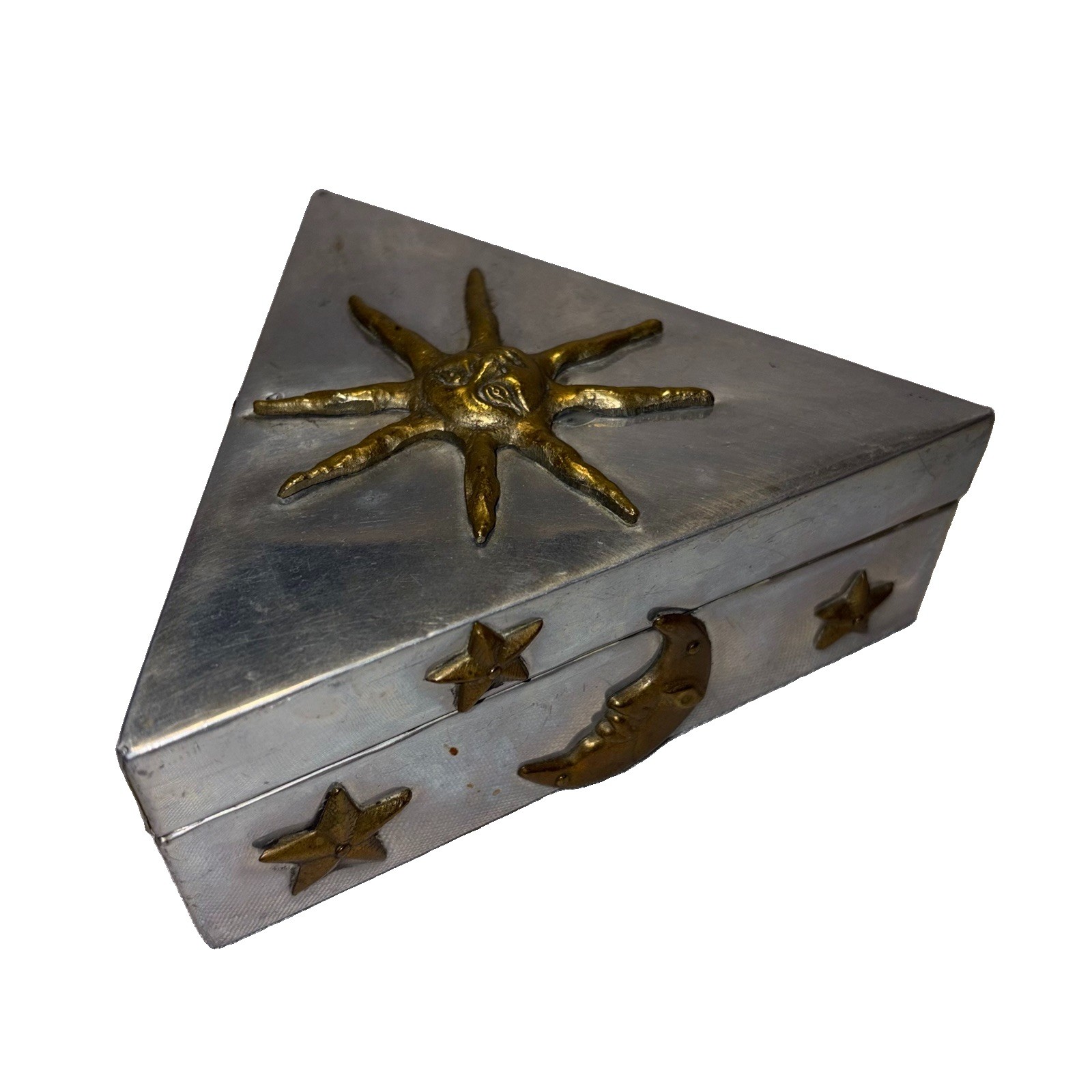 Vintage Triangular Metal Celestial Whimsigoth Trinket/Jewelry Box Sun Moon Stars